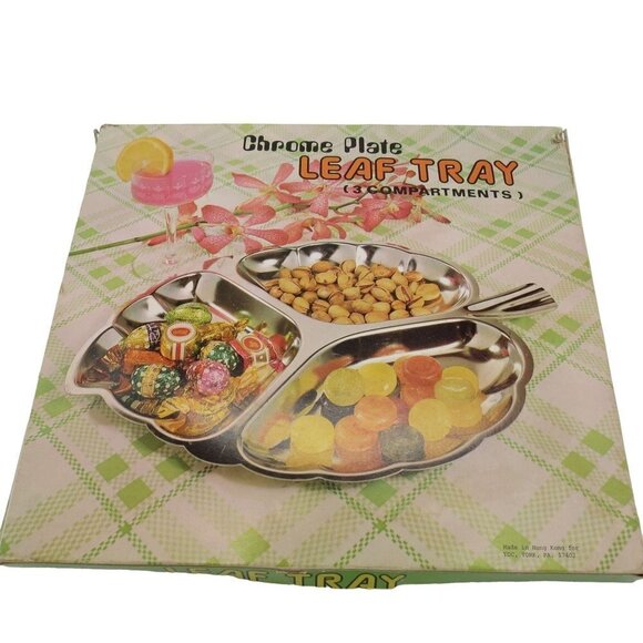 VINTAGE Midcentury Chrome Plate Leaf Serving Tray with Three Compartments in Box - Picture 1 of 9